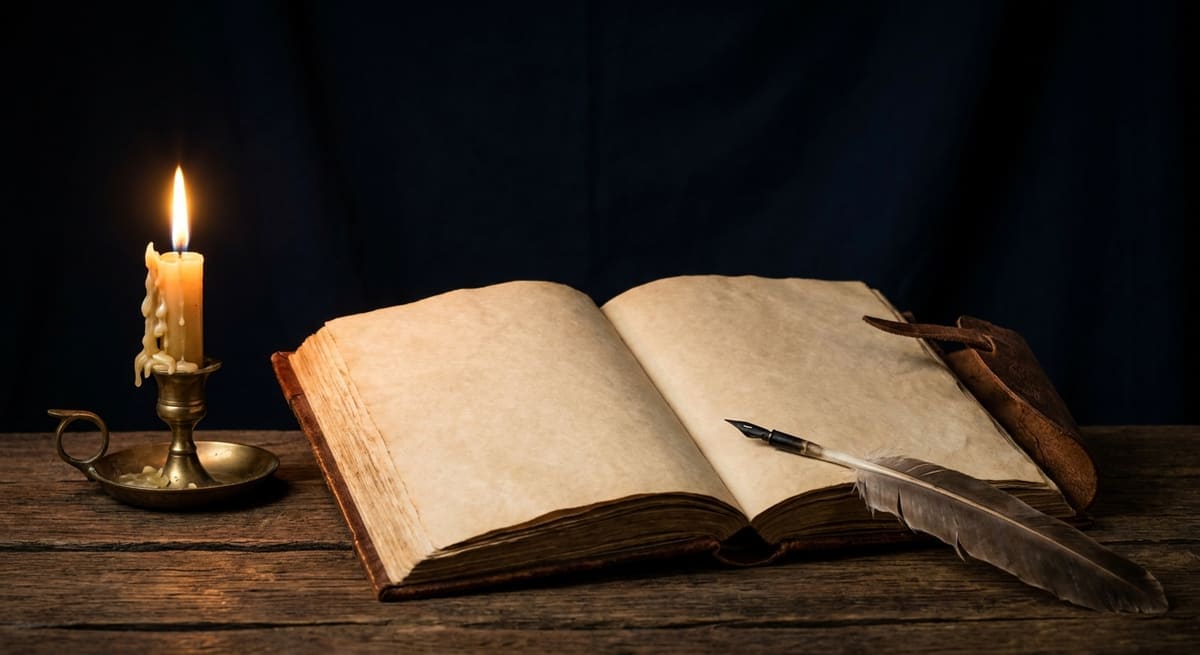Открытая книга, перо и свеча на столе